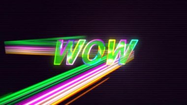 Parlayan pembe harflerle neon ışıklarının üzerinde wow metninin animasyonu. Video oyunu, dijital arayüz ve dijital olarak oluşturulmuş iletişim konsepti.