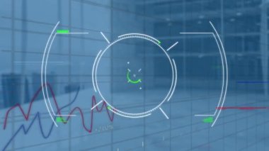 Ofisteki istatistiksel verilerin üzerinde hedefleme animasyonu. iş, finans, dijital arayüz ve teknoloji konsepti dijital olarak oluşturulmuş video.