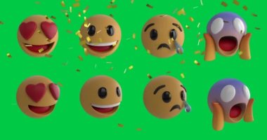Yeşil arkaplana konfetilerin düşmesi üzerine emoji simgelerinin canlandırılması. küresel sosyal medya ve iletişim konsepti dijital olarak oluşturulmuş video.