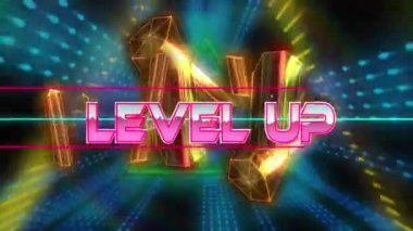 Dijital soyut uzayda kristallerle seviyenin canlandırılması. bilgisayar, oyunlar ve teknoloji konsepti dijital olarak oluşturuldu.