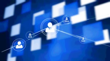 Siyah arkaplandaki mavi şekillerin üzerindeki simgelerle bağlantılı ağların animasyonu. küresel bağlantılar, veri işleme ve dijital arayüz konsepti dijital olarak oluşturulmuş video.