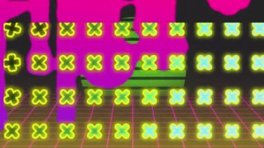 Dijital uzayda renkli soyut şekillerin ve haçların animasyonu. renk, hareket ve teknoloji konsepti dijital olarak oluşturulmuş video.