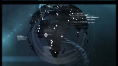 Dünya üzerinde dönen DNA iplikçiklerinin ve tıbbi veri işlemenin animasyonu. Bilim ve veri işleme kavramı dijital olarak oluşturulmuş video.