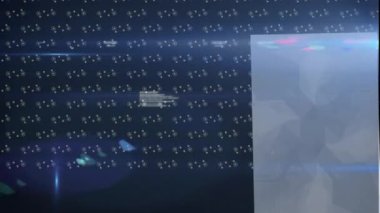 Siyah arkaplan üzerinde neon şekiller ve veri işleme animasyonları. Video oyunu, eğlence ve dijital arayüz kavramı dijital olarak oluşturuldu.