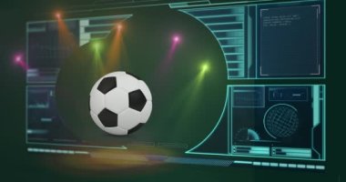 Spor stadyumunda futbol üzerinden veri işleme animasyonu. spor, bağlantılar ve dijital arayüz konsepti dijital olarak oluşturulmuş video.