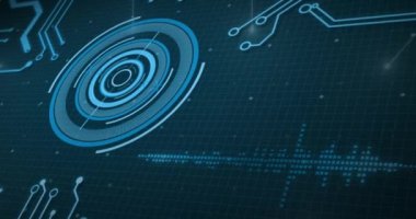 Kapsam taraması ve veri işlemeli bilgisayar devre kartı animasyonu. küresel bağlantılar, veri işleme ve dijital arayüz konsepti dijital olarak oluşturulmuş video.