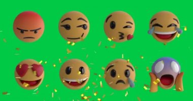 Yeşil ekran üzerine emoji simgeleri üzerine konfetilerin düşüşünün animasyonu. küresel sosyal medya, kutlama ve iletişim konsepti dijital olarak oluşturulmuş video.