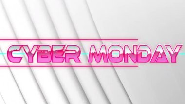 Neon çizgilerinin üzerinde pembe metalik harflerle siber pazartesi metninin animasyonu. Satışlar, çevrimiçi alışveriş ve perakende konsepti dijital olarak oluşturulmuş video.