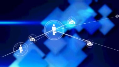 Siyah arkaplandaki mavi şekillerin üzerindeki simgelerle bağlantılı ağların animasyonu. küresel bağlantılar, veri işleme ve dijital arayüz konsepti dijital olarak oluşturulmuş video.