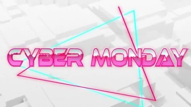 Beyaz zemin üzerinde ışık yolları üzerinden siber pazartesi metninin animasyonu. Video oyunu, eğlence ve dijital arayüz kavramı dijital olarak oluşturuldu.