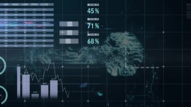 Çevrimiçi güvenlik anahtarıyla istatistik ve veri işleme animasyonu ekranda. küresel veri işleme, dijital arayüz, teknoloji ve ağ konsepti dijital olarak oluşturulmuş video.