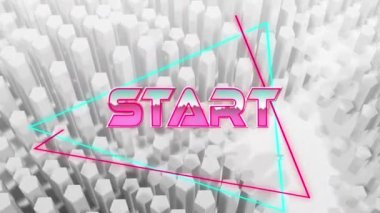 Beyaz arkaplandaki ışık izlerinin üzerinden başlat metninin canlandırması. Video oyunu, eğlence ve dijital arayüz kavramı dijital olarak oluşturuldu.