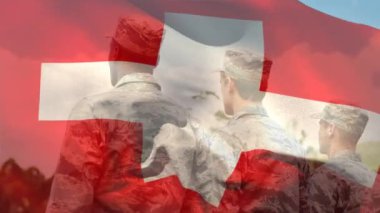 Değişik erkek askerler üzerinde İsviçre bayrağının canlandırılması. Ordu, sivil savunma, vatanseverlik konsepti dijital olarak oluşturulmuş video.