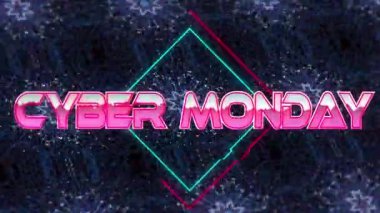 Mavi kaleydoskopik şekillerdeki neon çizgilerin üzerine pembe metalik harflerle Pazartesi siber metinlerinin animasyonu. çevrimiçi alışveriş, perakende ve satış konsepti dijital olarak oluşturulmuş video.