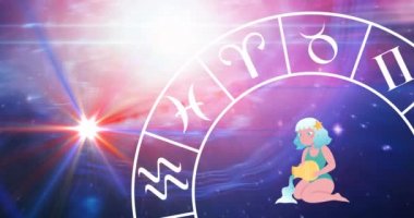 Mor arkaplandaki yıldızların etrafında dönen yıldız burcuyla Kova Yıldızı Animasyonu. Zodyak işaretleri ve astroloji konsepti dijital olarak oluşturulmuş video.