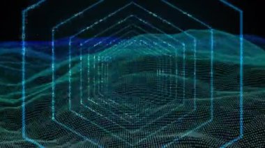 Siyah arka planda veri işleme ve dijital tünel animasyonu. küresel veri işleme, hesaplama ve dijital arayüz kavramı dijital olarak oluşturulmuş video.