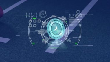 Spor stadyumunda rugby topu üzerinde veri işleme animasyonu. spor, bağlantılar ve dijital arayüz konsepti dijital olarak oluşturulmuş video.