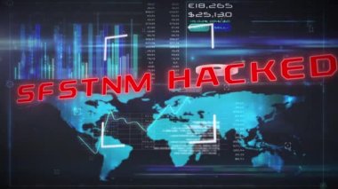 Siyah arkaplandaki metin ve veri işleme sisteminin animasyonu. Siber suçlar, siber saldırı ve dijital olarak oluşturulan hack konsepti.