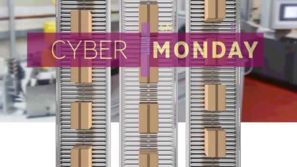 Animatie Van Cyber Monday Tekst Kartonnen Dozen Transportbanden Wereldwijd Online — Stockvideo