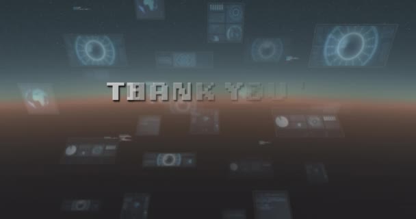 Animacja Podziękowań Cyfrowej Przestrzeni Abstrakcyjnej Pływającymi Ekranami Komputer Gry Koncepcja — Wideo stockowe