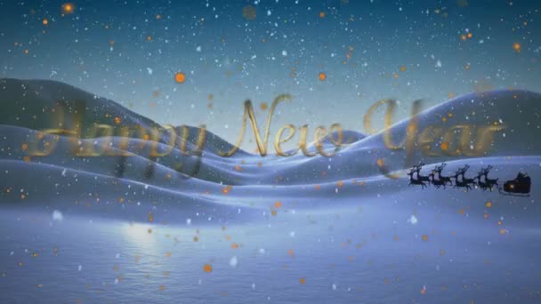 Анімація Щасливого Новорічного Тексту Над Сантою Клаус Санчатах Оленями Над — стокове відео