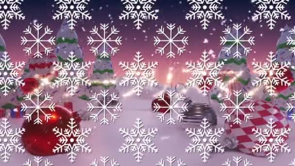 Снежинки Бесшовных Узорах Против Снега Падающего Рождественские Украшения Зимнем Ландшафте — стоковое видео