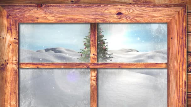 Wooden Window Frame Snow Falling Christmas Tree Winter Landscape Christmas — Stock Video