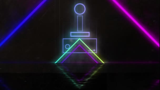 Animace Joysticku Přes Neonové Tvary Černém Pozadí Video Hra Zábava — Stock video