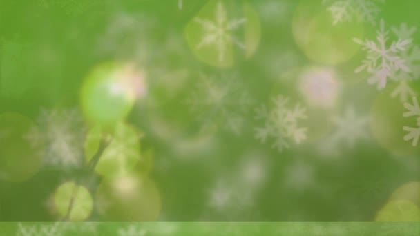 Animazione Neve Che Cade Luci Sfocate Sfondo Verde Natale Tradizione — Video Stock