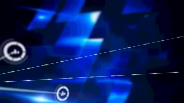 Siyah Arkaplandaki Mavi Şekillerin Üzerindeki Simgelerle Bağlantılı Ağların Animasyonu Küresel — Stok video