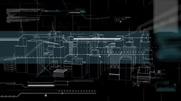 Animation Der Datenverarbeitung Über Stadtlandschaftszeichnung Globale Verbindungen Datenverarbeitung Und Digitales — Stockvideo