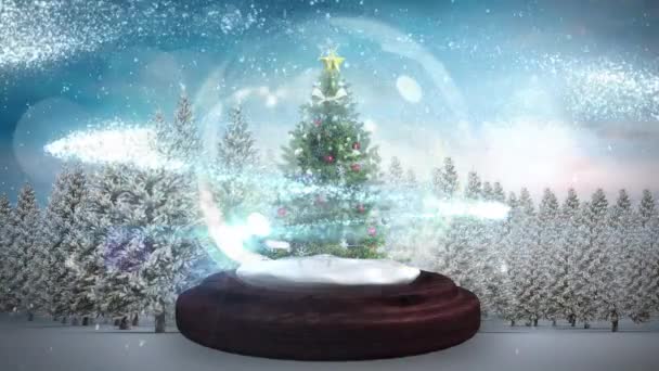 Shooting Star Christmas Tree Snow Globe Snow Falling Winter Landscape — Stock Video