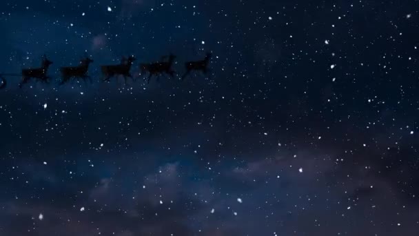 Animation Santa Claus Sleigh Reindeer Snow Falling Sky Christmas Tradition — Stock Video