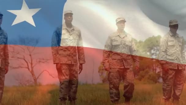 Animering Chile Flagga Över Olika Manliga Soldater Armé Civilförsvar Patriotism — Stockvideo