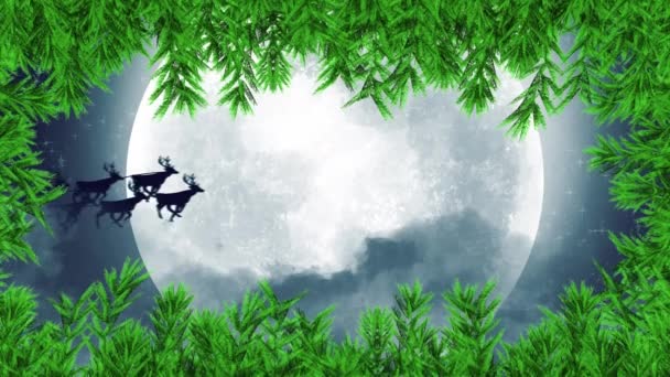 Groene Boom Takken Boven Kerstman Slee Wordt Getrokken Door Rendieren — Stockvideo
