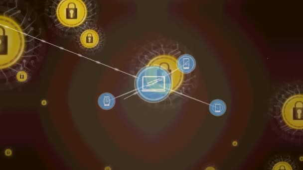 茶色の背景に南京錠上の接続のネットワークのアニメーション 世界中のネットワーク データ処理 デジタルインターフェースの概念がデジタルで生成されたビデオ — ストック動画