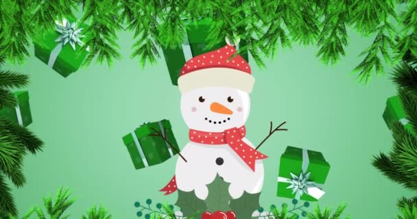 雪だるまやモミの木の枝に落下の贈り物のアニメーション クリスマス お祝いのコンセプトをデジタルで — ストック動画