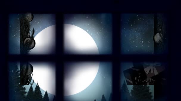 雪橇上的圣塔爪上方的窗框被驯鹿拉到夜空中 圣诞节节庆和庆祝媒介图解概念 — 图库视频影像