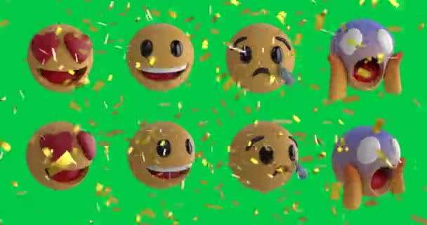 Animación Confeti Cayendo Sobre Filas Emoticonos Emoji Iconos Sobre Pantalla — Vídeos de Stock