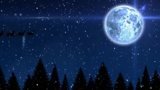 Animación Santa Claus Trineo Con Renos Navidad Sobre Nevadas Luna — Vídeos de Stock