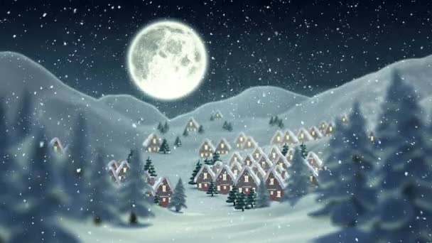 Animation Santa Claus Sleigh Reindeer Snow Falling Winter Landscape Christmas — Stock Video