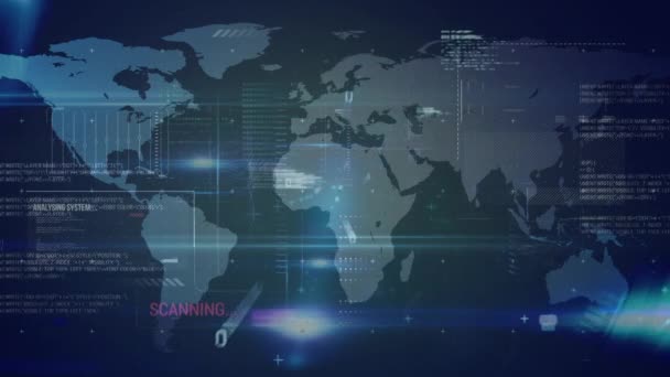 Animering Statistik Och Databehandling Över Världskartan Globala Anslutningar Digitalt Gränssnitt — Stockvideo