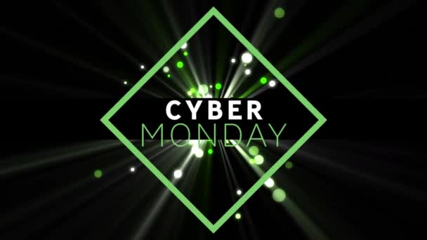 Cyfrowa Animacja Cyber Poniedziałkowego Banera Tekstowego Zielonych Plamkach Światła Czarnym — Wideo stockowe