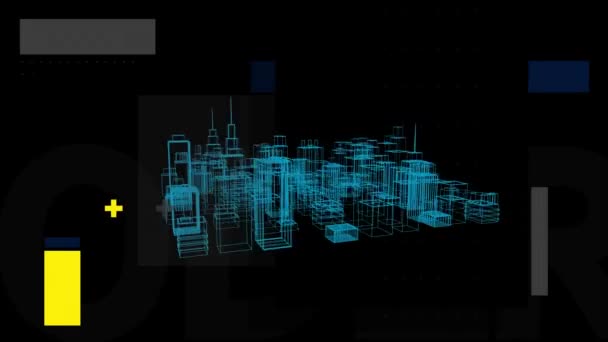 Анимация Падающих Фигур Над Городом Вращающихся Черном Фоне Глобальное Проектирование — стоковое видео