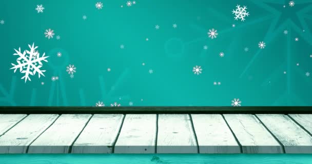 Анимация Падающих Снежинок Звезд Синем Заднем Деревянном Полу Рождество Традиции — стоковое видео