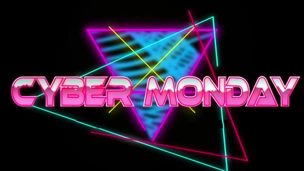 Animatie Van Cyber Maandag Tekst Roze Metallic Letters Neon Lijnen — Stockvideo