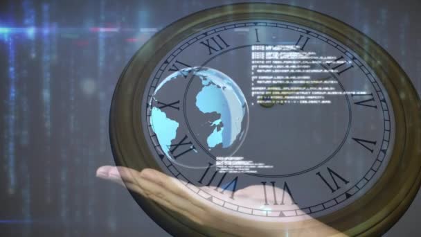 Animation Traitement Des Données Icônes Globe Sur Main Horloge Déplaçant — Video