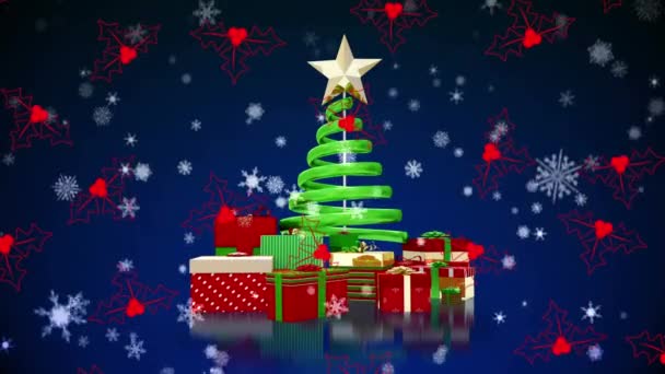 红色的寄生图标和雪花落在圣诞树上 蓝色背景的礼物 圣诞节的庆祝和庆祝概念 — 图库视频影像
