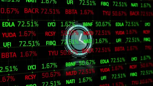 Processamento Dados Mercado Ações Contra Relógio Digital Neon Ticking Fundo — Vídeo de Stock