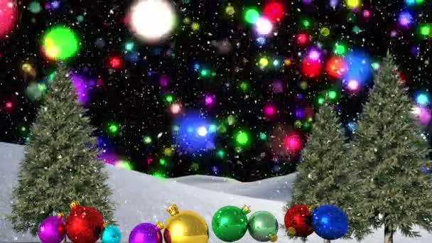 Kolorowe Niebieskie Plamy Światła Śnieg Spadający Kolorowe Bombki Bożego Narodzenia — Wideo stockowe